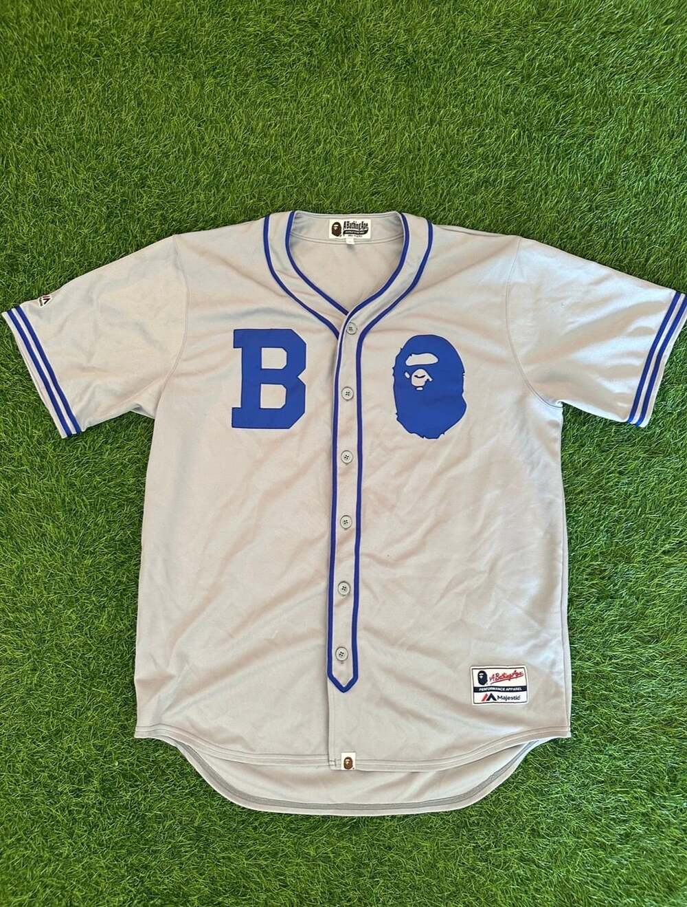 A Bathing Ape Majestic Baseball Jersey Size L Grey